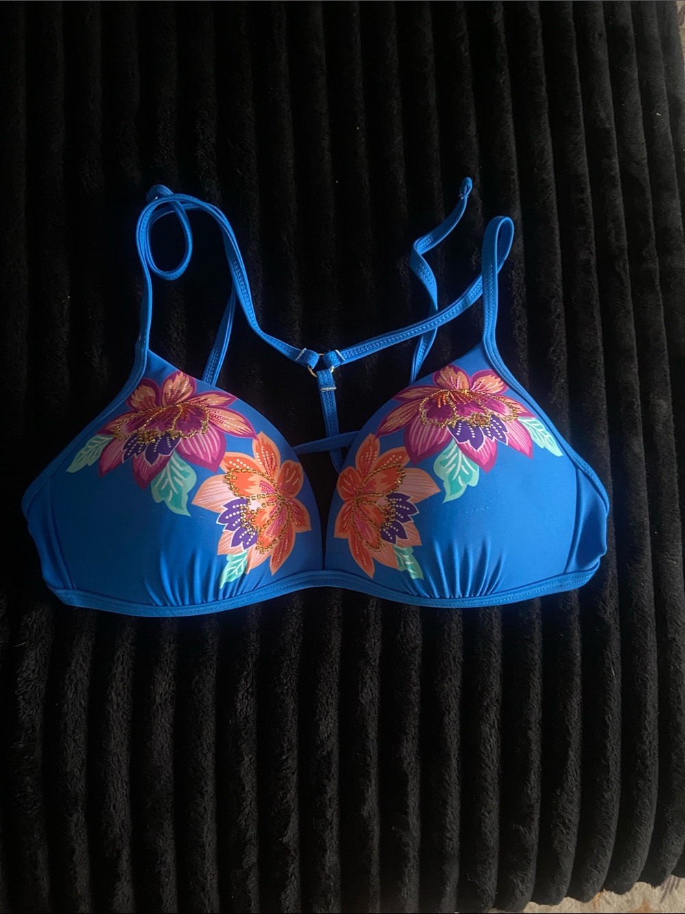 Time and Tru Blue Floral Strappy Bikini Top